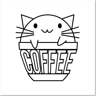 Cat in coffee cup with warped text on cup Posters and Art